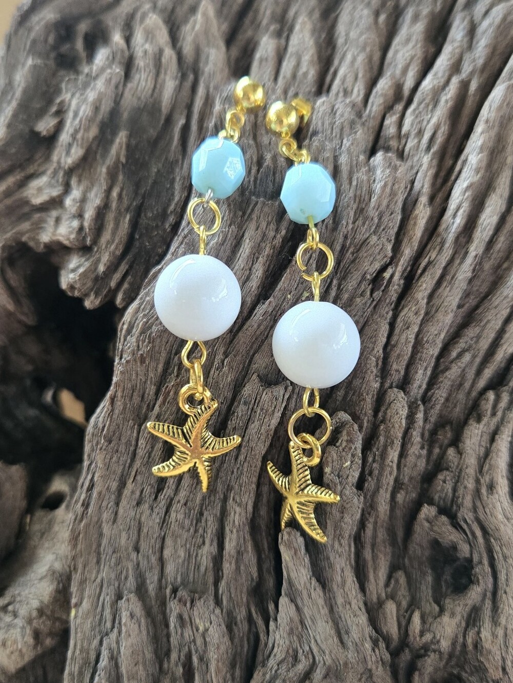 Gold-Tone Starfish & Blue Beaded Dangle Earrings